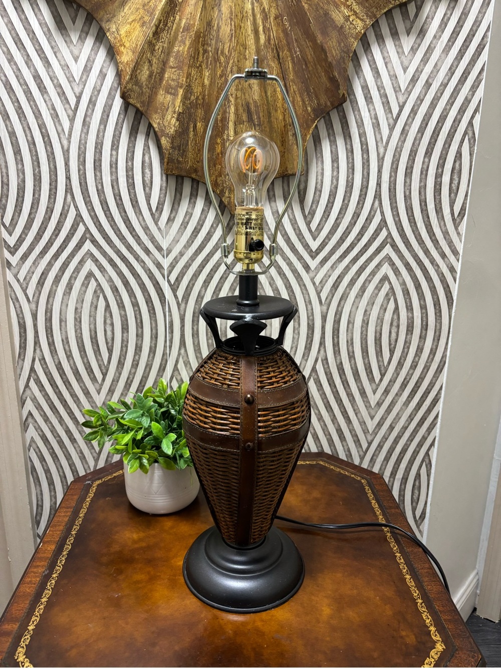 Mcm vintage wicker bamboo and leather table lamp. No shade